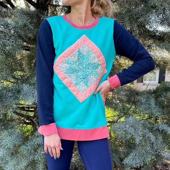 Retro 80s Quilt / Patchwork Crewneck Sweatshirt - Picture 2 of 9